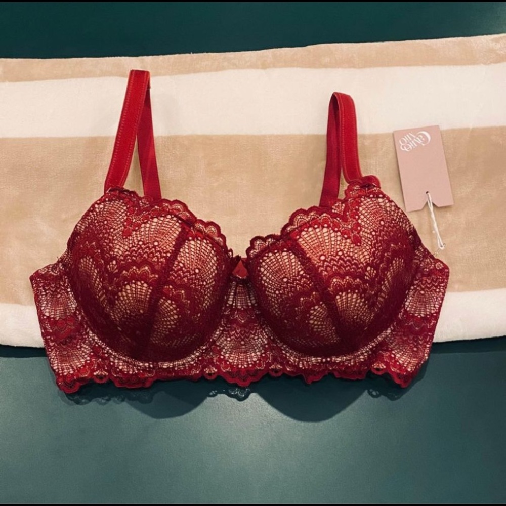 NWT Camio Mio Lightly Padded Red Lace Bra, Size 38C
